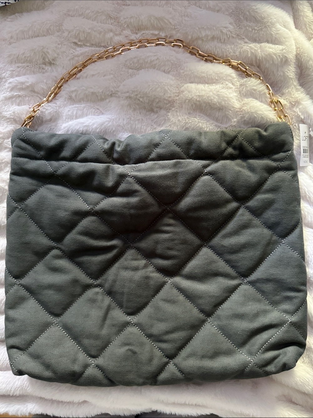 NWT LOFT Green Quilted Fabric Shoulder Bag Purse 15" x 12"